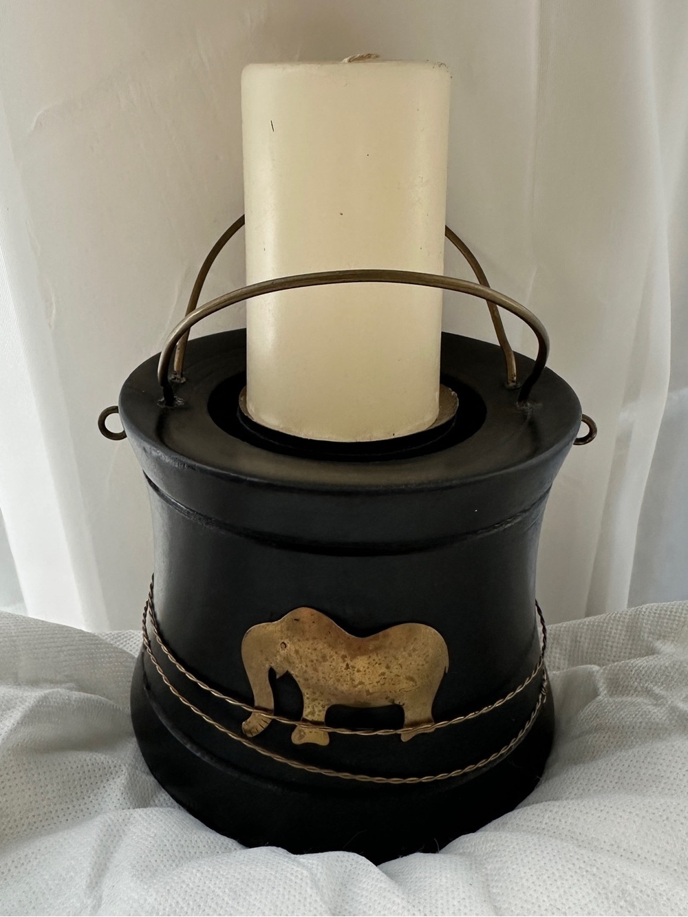 Black Elephant Accent Candle Holder with Cream Candle from Africa